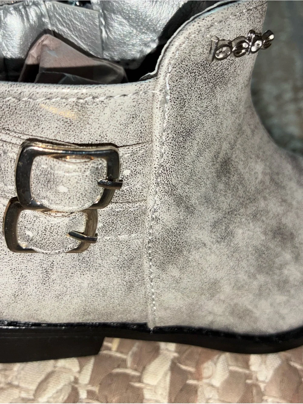 bebe Girls Metallic Silver Ankle Boots with Chain Accent